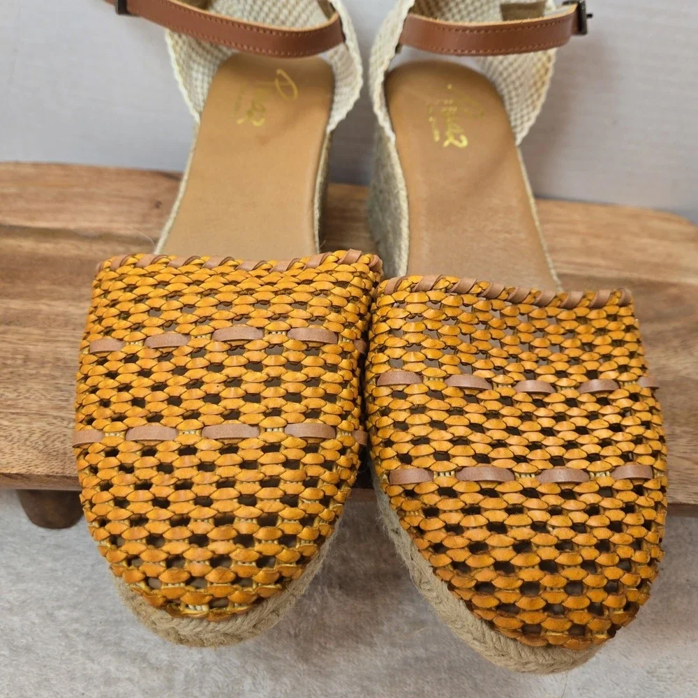 Pinaz Espadrille Wedges Women‎ EU 40 US 9 Tan Woven Leather Jute Ankle Strap...